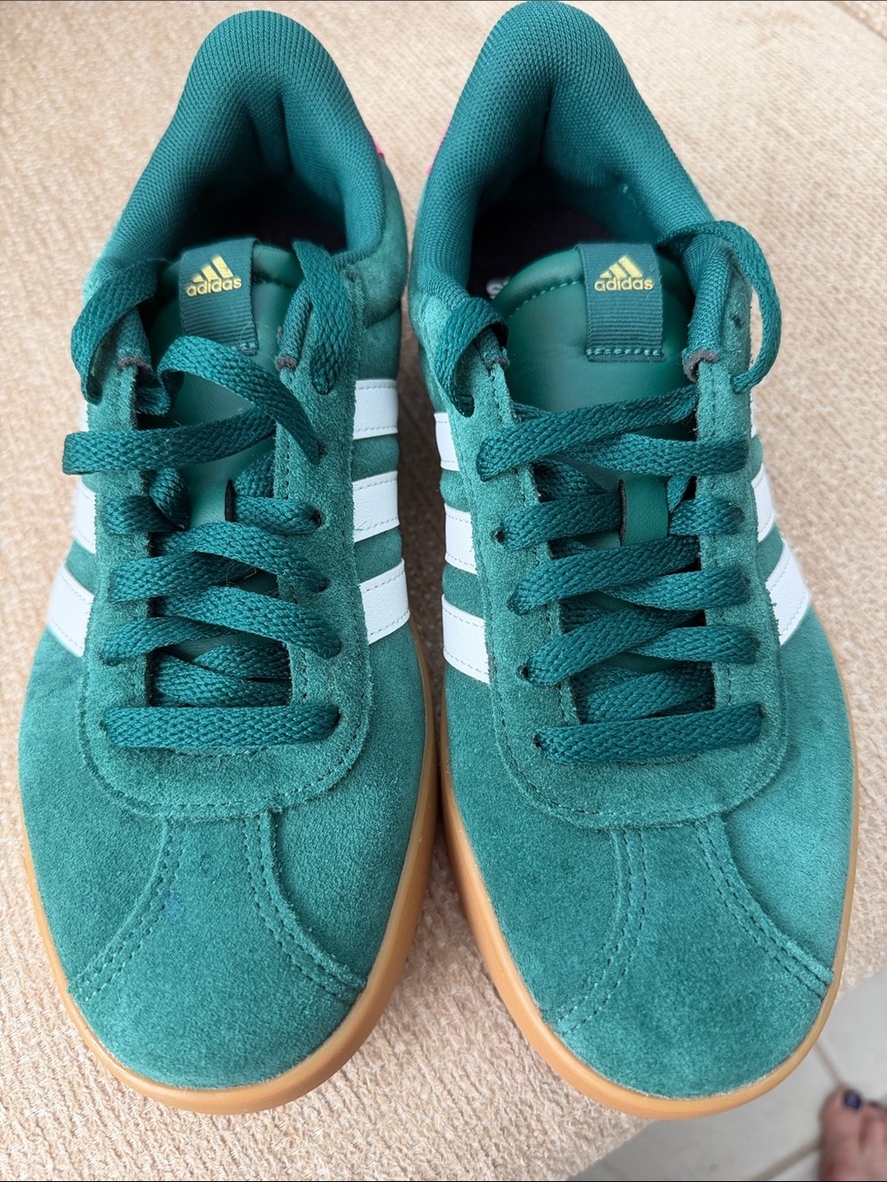 adidas Kids Green Suede Sneakers with White Stripes and Gum Sole